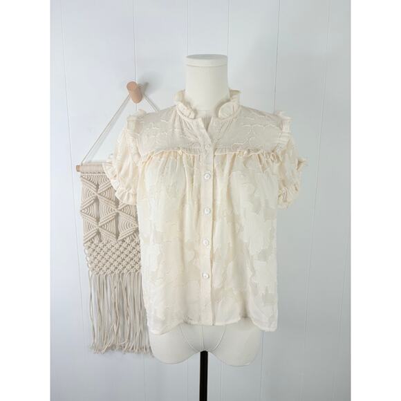 Lulus Ivory Floral Burnout Puff Sleeve Button Front Top Size XS Jacquard Blouse - Picture 4 of 13